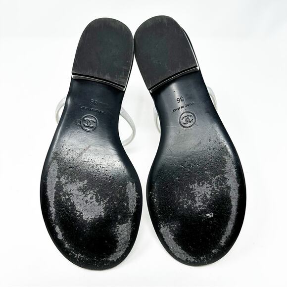 Chanel Silver Leather Crystal Embellished Interlocking CC Thong Flat Sandals - Picture 12 of 13